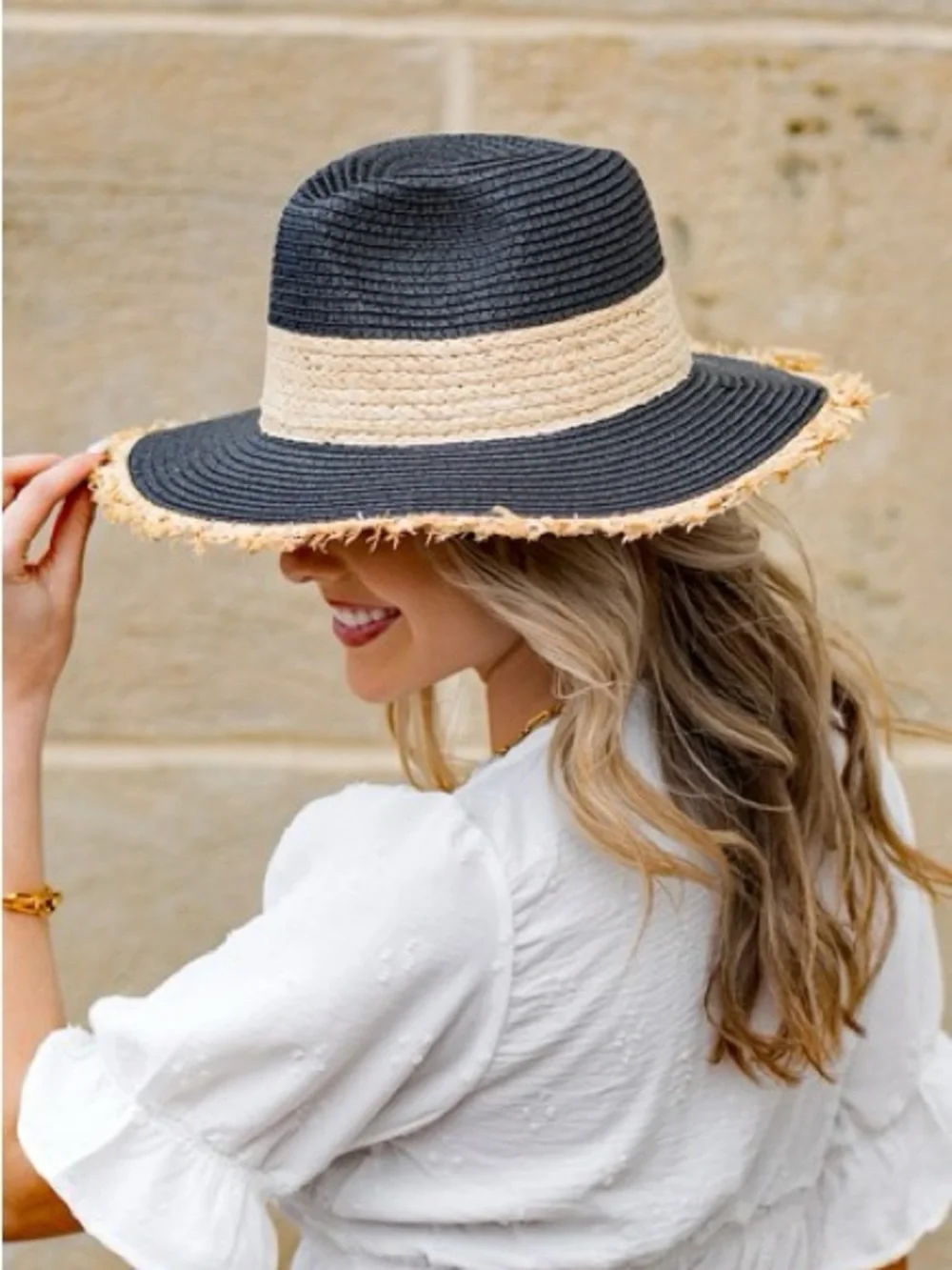 Women’s Black & Natural Straw Wide-Brim Fedora Hat